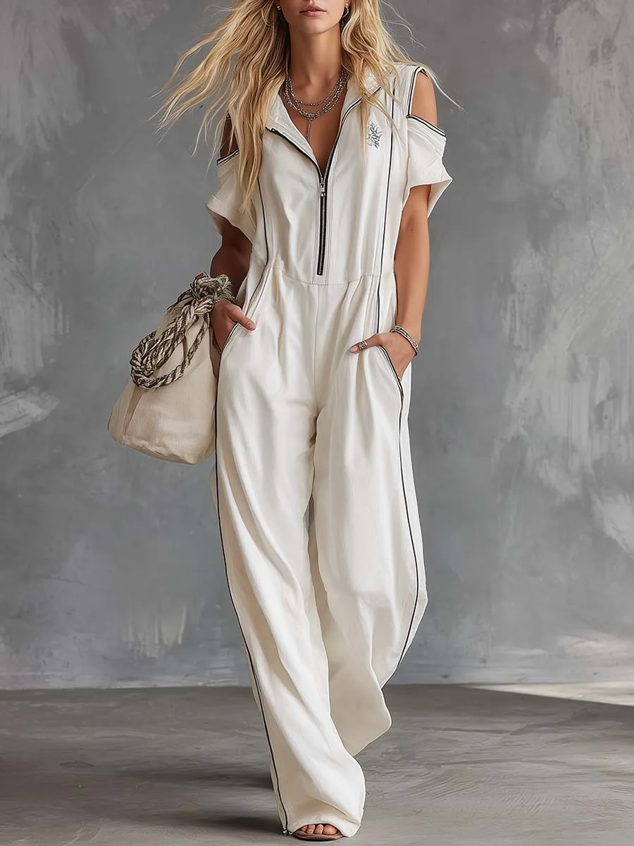 Casual Retro Athletic Hoodie V-Neck Front Zip White Cotton Jumpsuit sold by Oyrosy