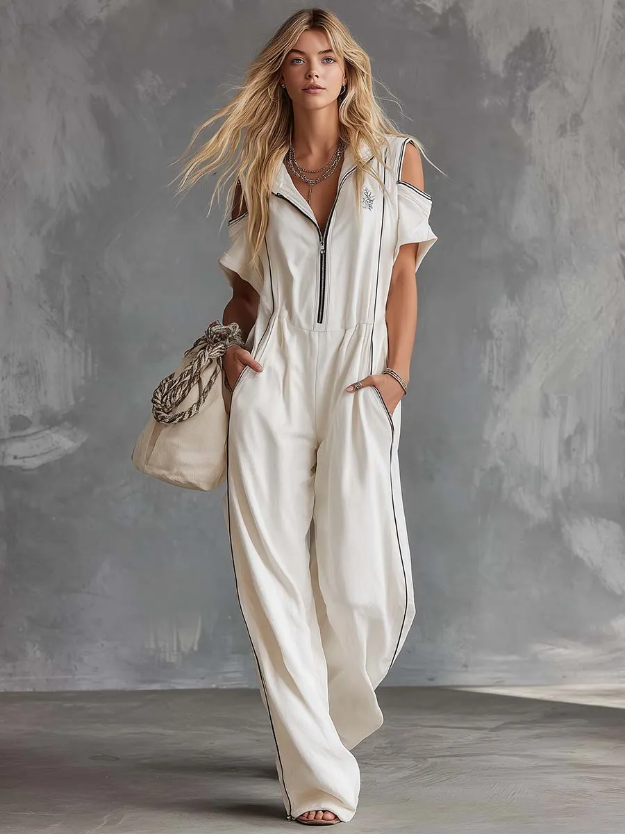 Casual Retro Athletic Hoodie V-Neck Front Zip White Cotton Jumpsuit sold by Oyrosy product image thumbnail 2