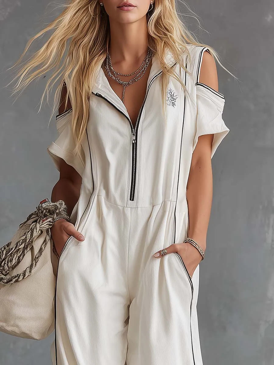 Casual Retro Athletic Hoodie V-Neck Front Zip White Cotton Jumpsuit sold by Oyrosy product image thumbnail 3
