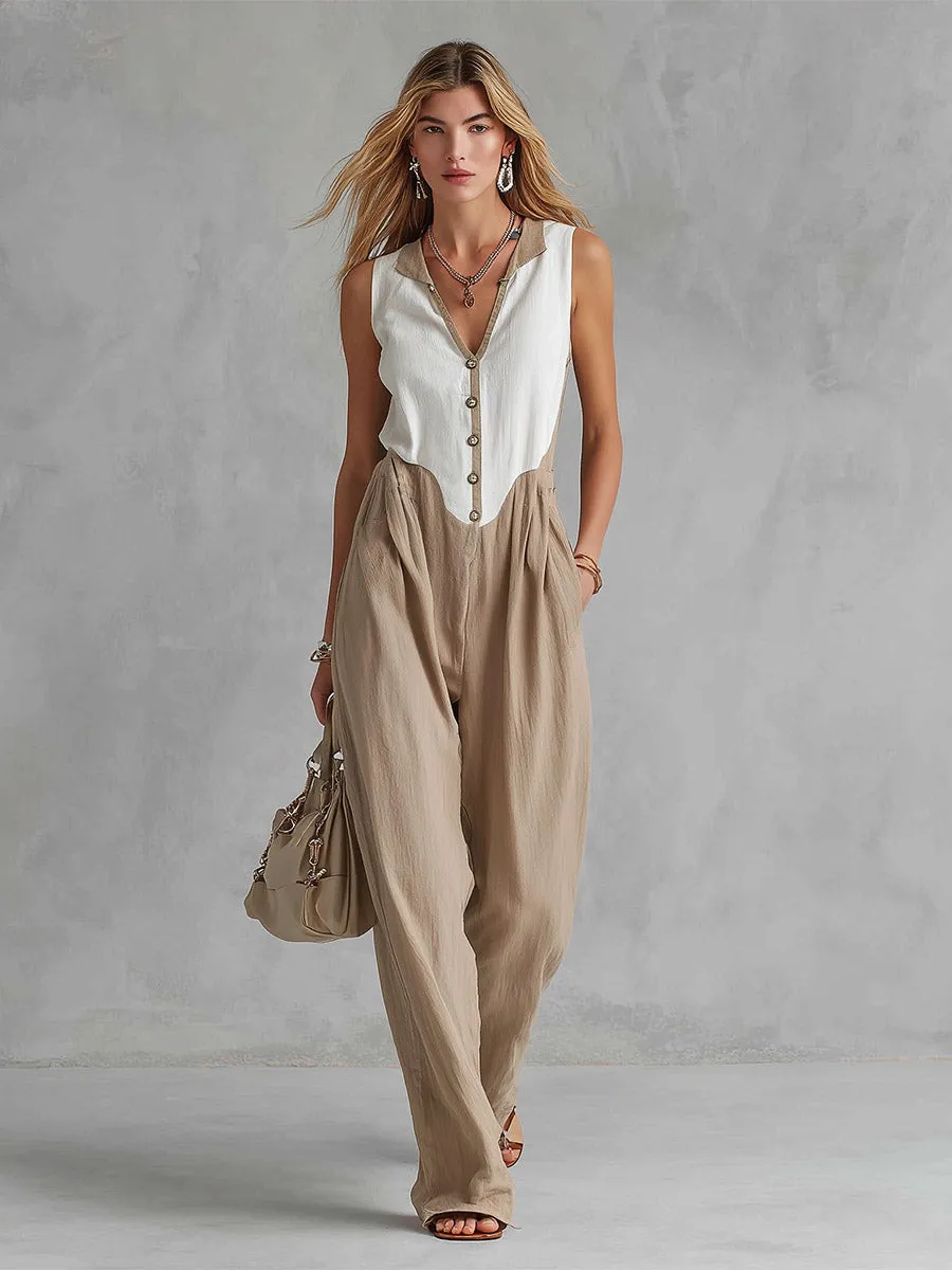 Elegant Urban White & Khaki Patchwork Cotton-Linen Sleeveless Jumpsuit sold by Oyrosy product image thumbnail 2