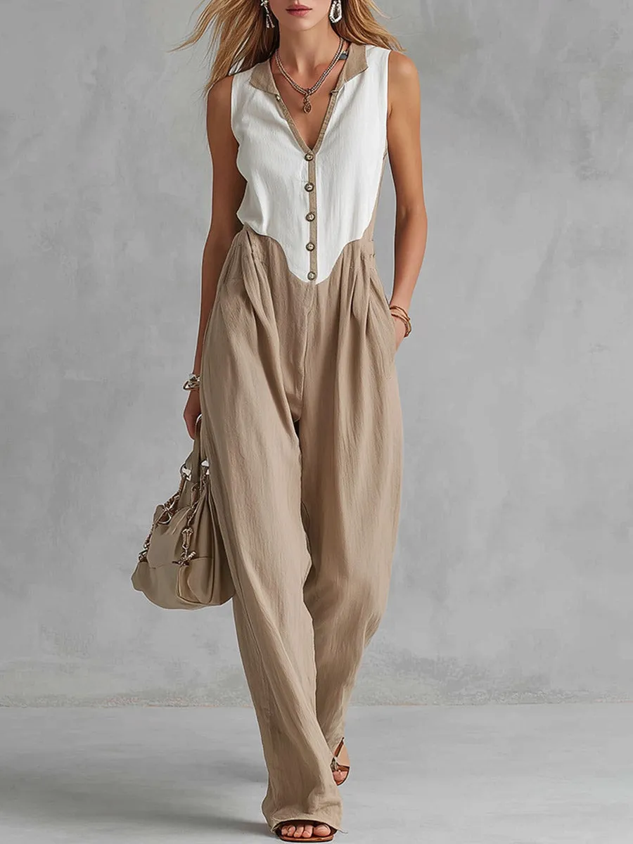 Elegant Urban White & Khaki Patchwork Cotton-Linen Sleeveless Jumpsuit sold by Oyrosy