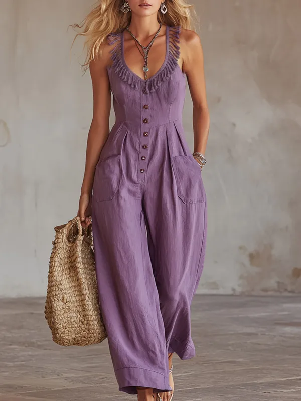 Elegant Tasseled Neckline Purple Cotton Sleeveless Jumpsuit made by Oyrosy