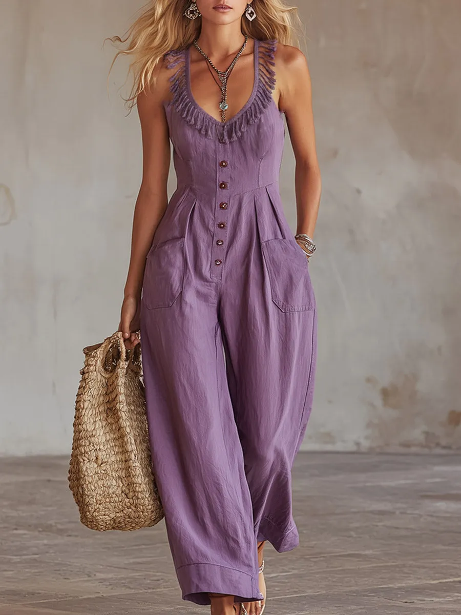 Elegant Tasseled Neckline Purple Cotton Sleeveless Jumpsuit sold by Oyrosy