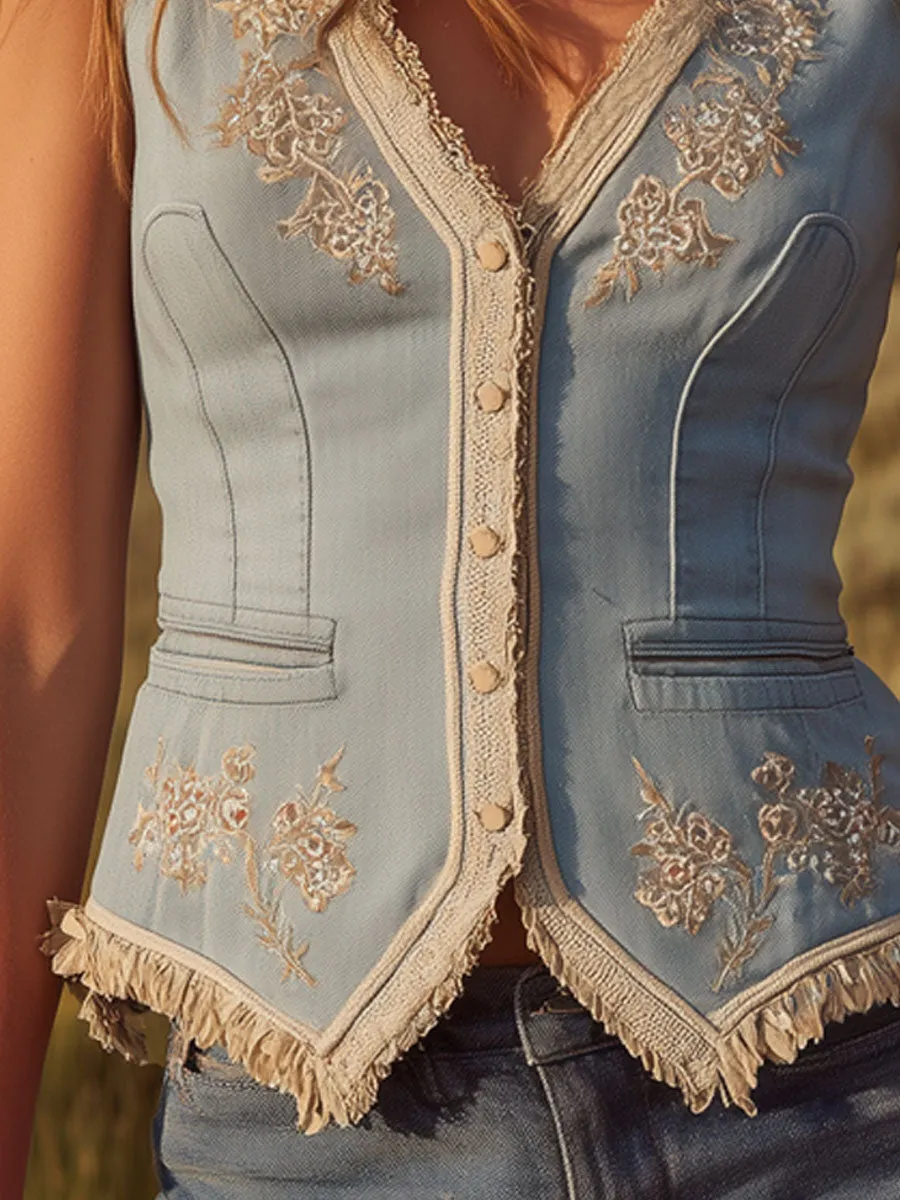 Western Retro Embroidered Tassel Light Blue Denim Vest sold by Oyrosy product image thumbnail 5