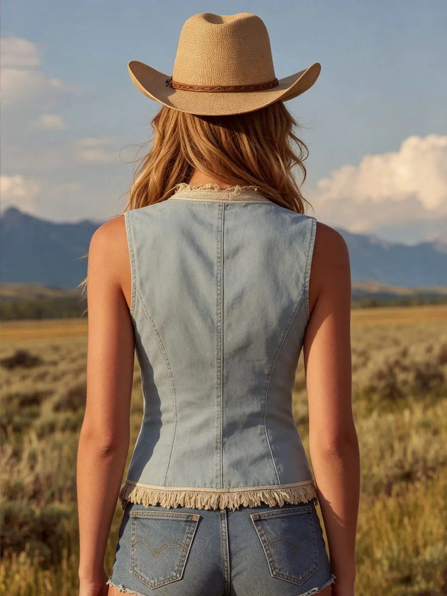Western Retro Embroidered Tassel Light Blue Denim Vest sold by Oyrosy product image thumbnail 3