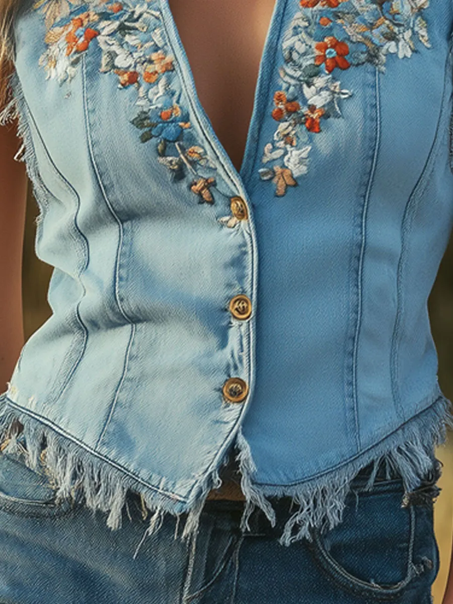 Western Retro Floral Embroidered Frayed Light Blue Denim Vest sold by Oyrosy product image thumbnail 5