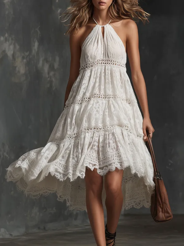 Elegant Retro White Lace Halter Neck Sleeveless A-line Mini Dress made by Oyrosy