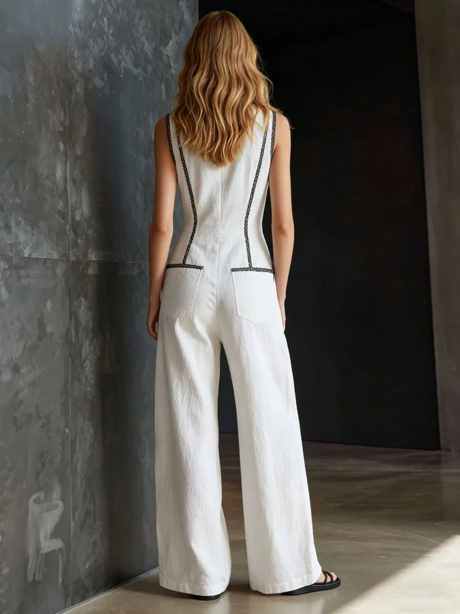 Casual Retro Lace-trimmed White Cotton And Linen Sleeveless Wide-leg Jumpsuit sold by Oyrosy product image thumbnail 4