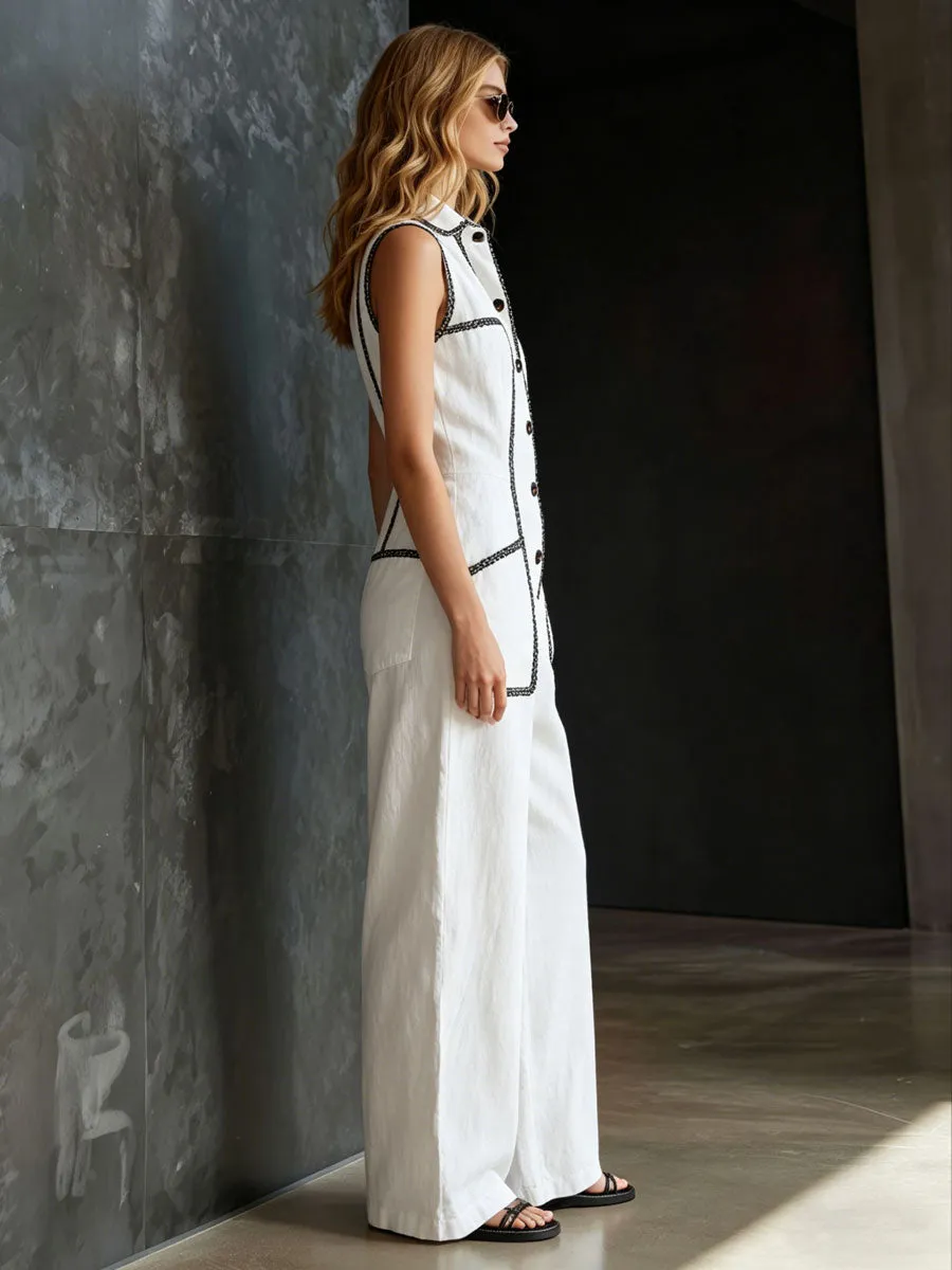 Casual Retro Lace-trimmed White Cotton And Linen Sleeveless Wide-leg Jumpsuit sold by Oyrosy product image thumbnail 3
