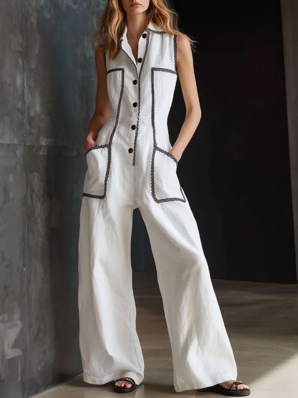Casual Retro Lace-trimmed White Cotton And Linen Sleeveless Wide-leg Jumpsuit made by Oyrosy