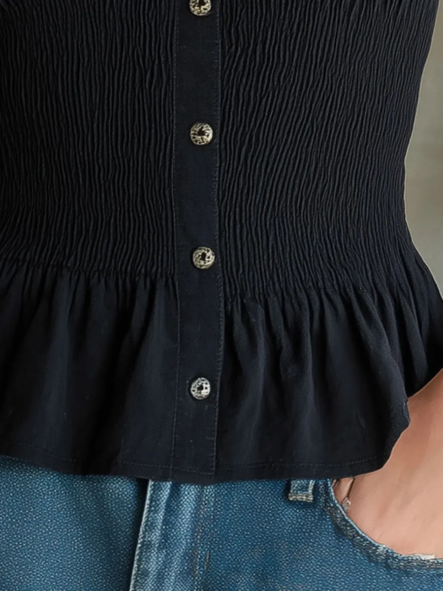 Fashionable Retro Lace Black Sleeveless Square Neck Button Cotton Linen Shirt sold by Oyrosy product image thumbnail 4