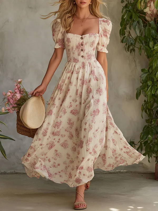 Retro Elegant Pink Floral Off-white Short-sleeved Square Neck Chiffon Maxi Dress made by Oyrosy