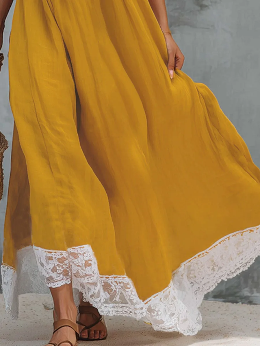 Color-blocked V-neck Lace-trimmed Cotton And Linen Sleeveless Maxi Dress sold by Oyrosy product image thumbnail 5