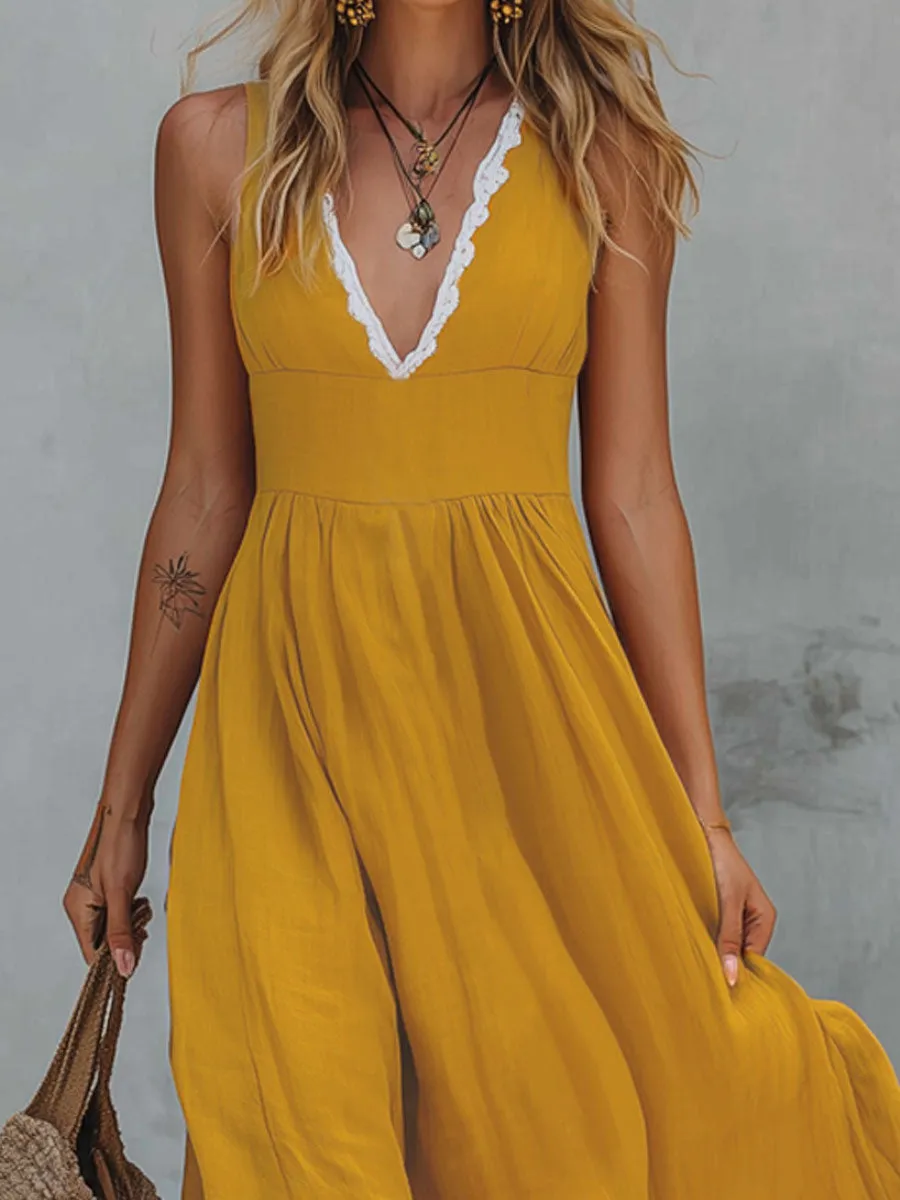 Color-blocked V-neck Lace-trimmed Cotton And Linen Sleeveless Maxi Dress sold by Oyrosy product image thumbnail 4