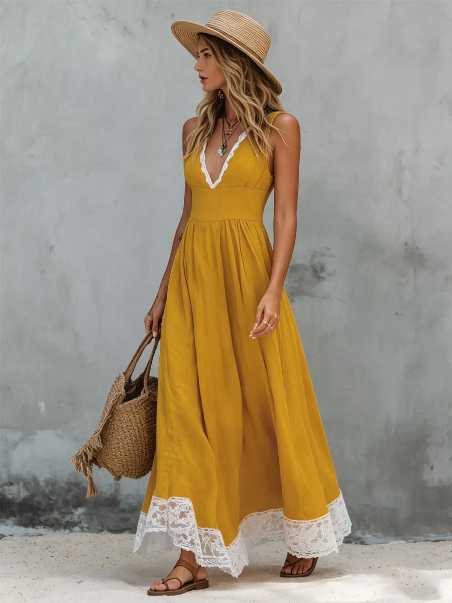 Color-blocked V-neck Lace-trimmed Cotton And Linen Sleeveless Maxi Dress sold by Oyrosy product image thumbnail 2