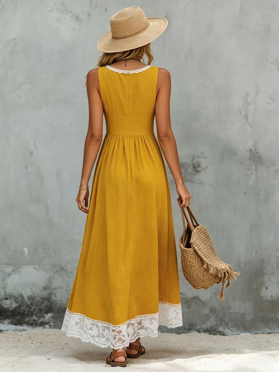 Color-blocked V-neck Lace-trimmed Cotton And Linen Sleeveless Maxi Dress sold by Oyrosy product image thumbnail 3