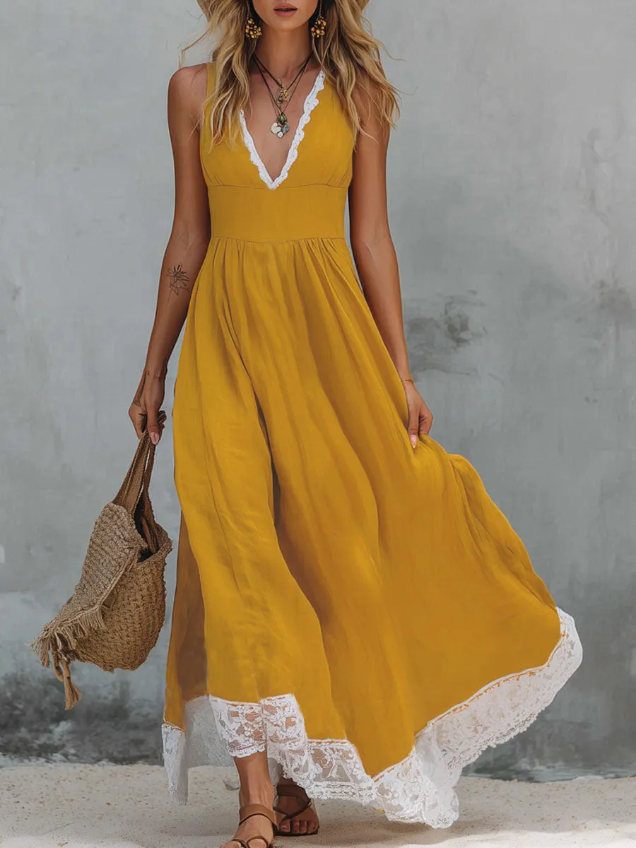 Color-blocked V-neck Lace-trimmed Cotton And Linen Sleeveless Maxi Dress sold by Oyrosy