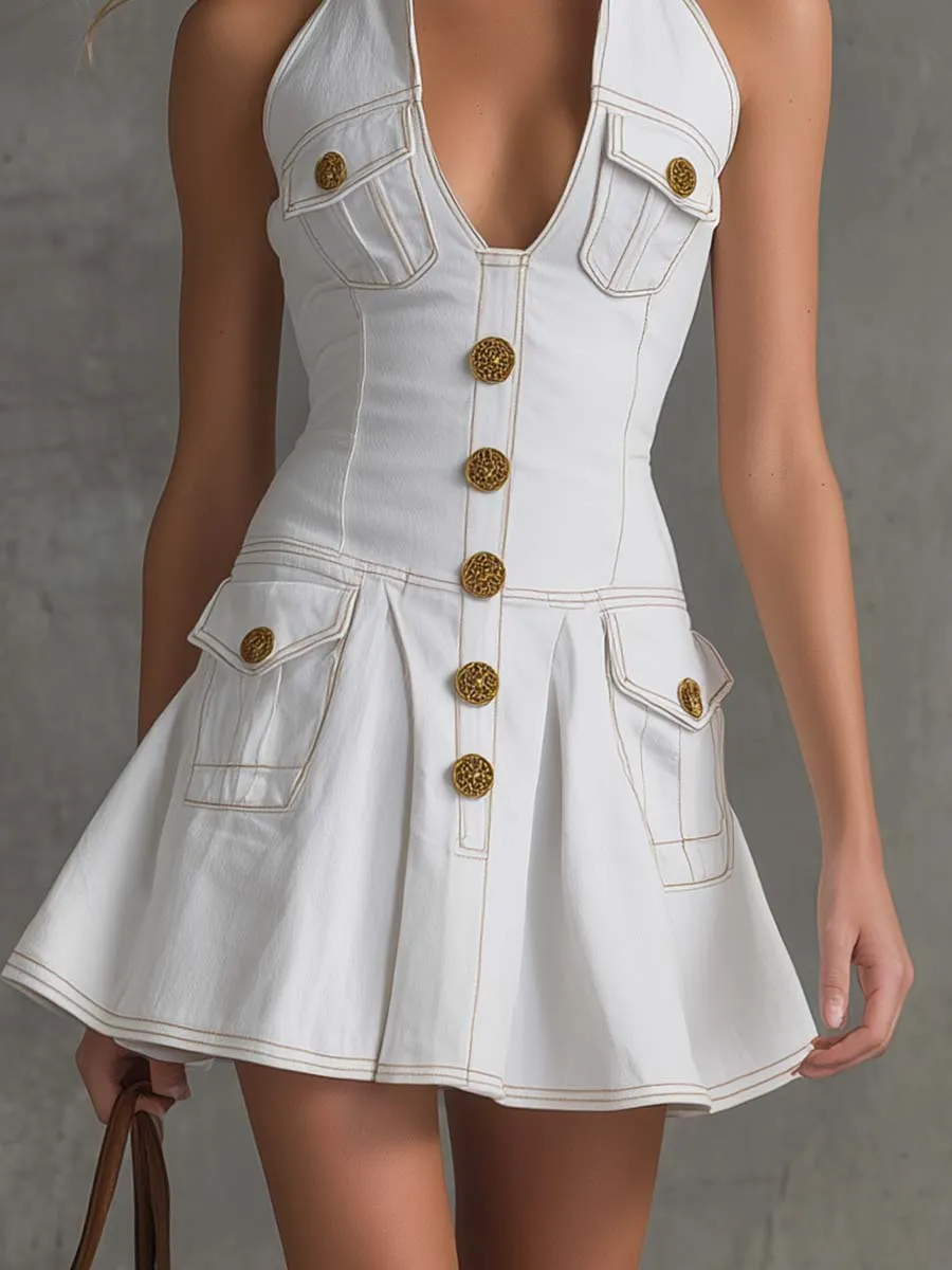Casual Retro V-Neck Front-Button White Denim Mini Dress sold by Oyrosy product image thumbnail 4