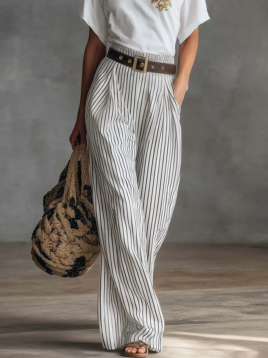 Casual Western-Style White Asymmetrical Cotton T-Shirt And Striped Pants Set sold by Oyrosy product image thumbnail 4