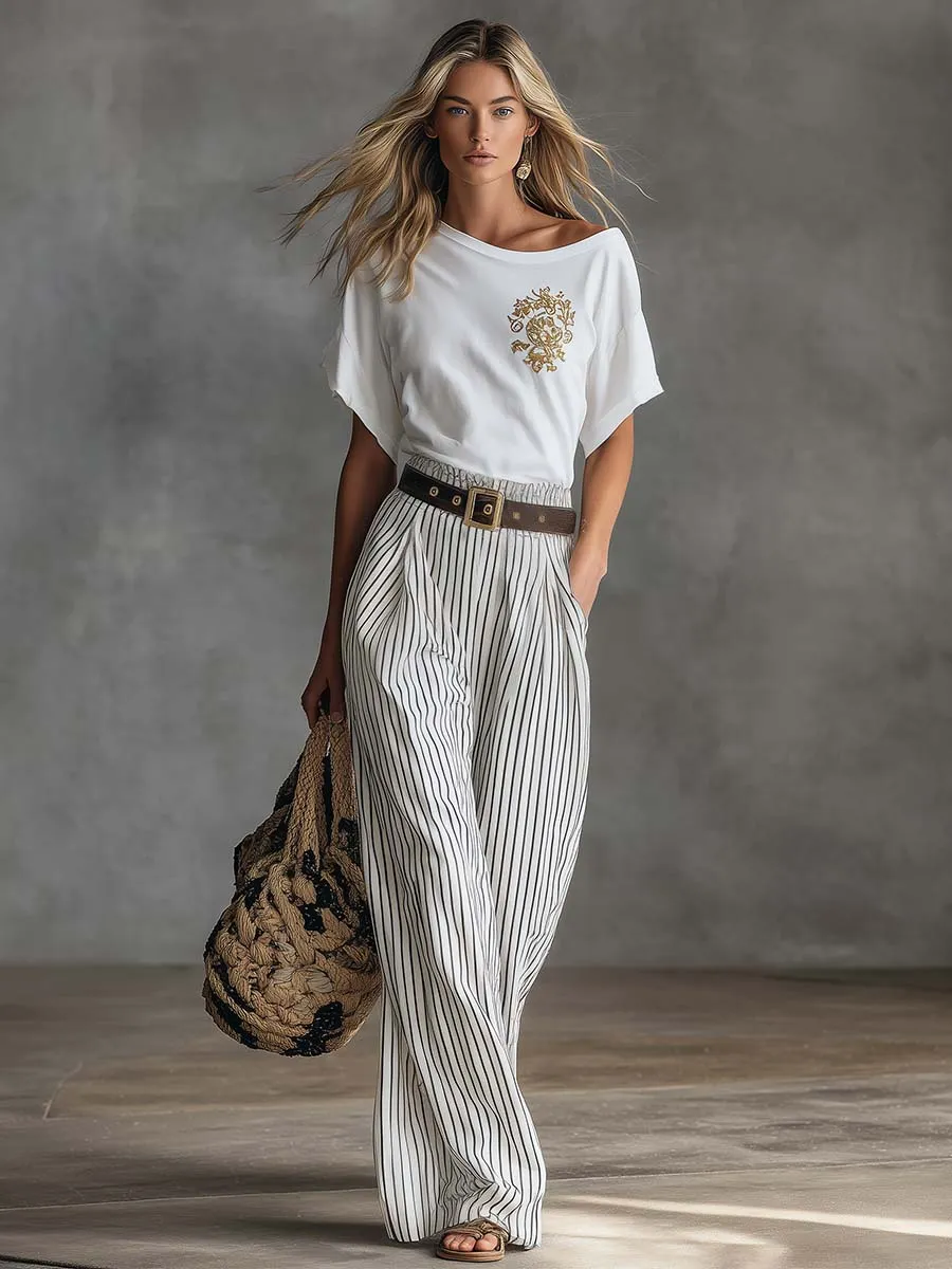 Casual Western-Style White Asymmetrical Cotton T-Shirt And Striped Pants Set sold by Oyrosy product image thumbnail 2