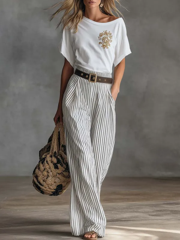 Casual Western-Style White Asymmetrical Cotton T-Shirt And Striped Pants Set made by Oyrosy