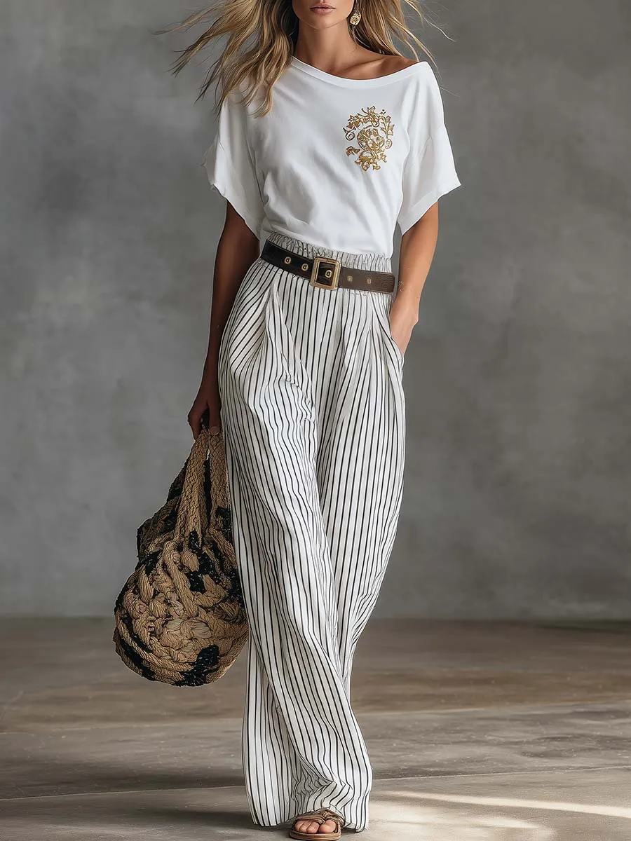 Casual Western-Style White Asymmetrical Cotton T-Shirt And Striped Pants Set sold by Oyrosy