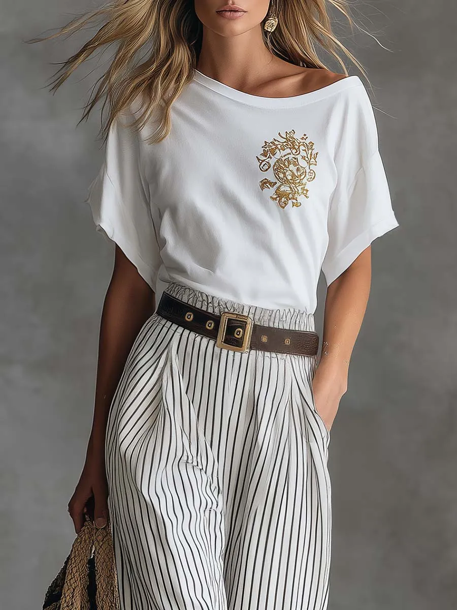 Casual Western-Style White Asymmetrical Cotton T-Shirt And Striped Pants Set sold by Oyrosy product image thumbnail 3