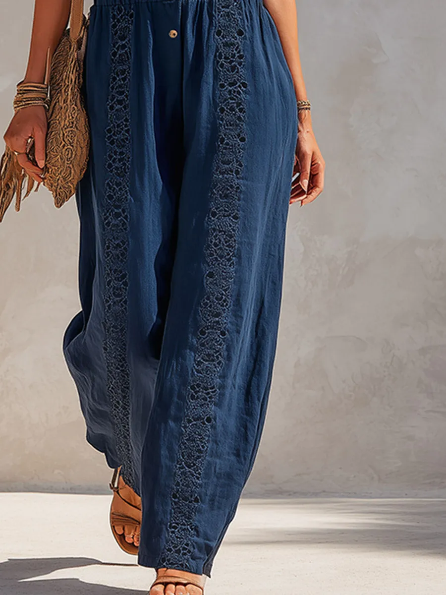 Retro-Casual Lace-Trimmed Navy Blue Cotton-Linen Sleeveless Wide-Leg Jumpsuit sold by Oyrosy product image thumbnail 4