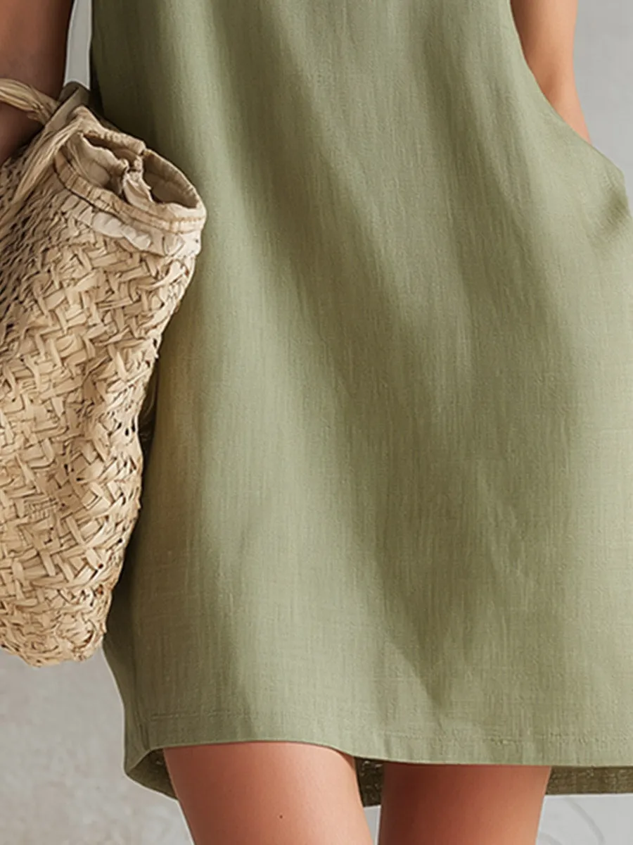 Elegant & Simple Light Green Cotton-Linen Half-Zip Sleeveless Mini Dress sold by Oyrosy product image thumbnail 4