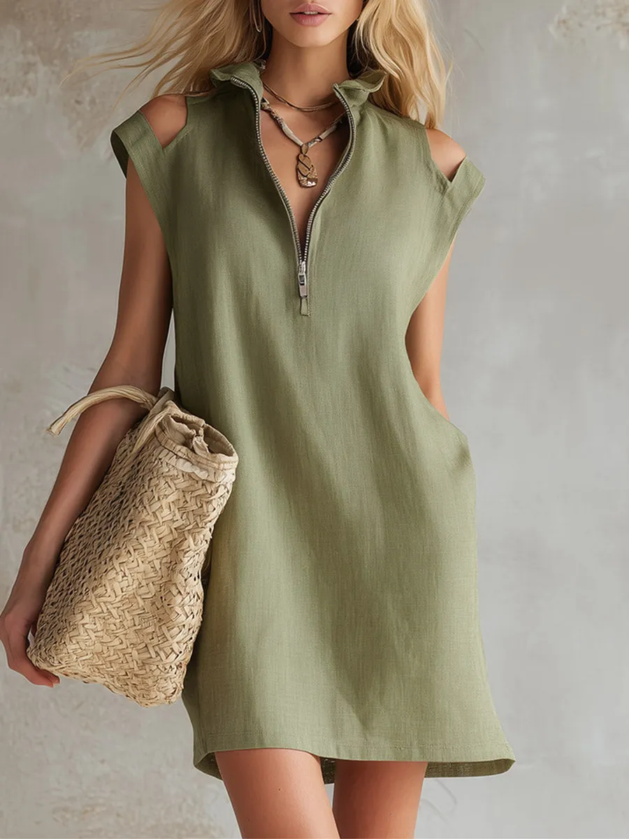 Elegant & Simple Light Green Cotton-Linen Half-Zip Sleeveless Mini Dress sold by Oyrosy