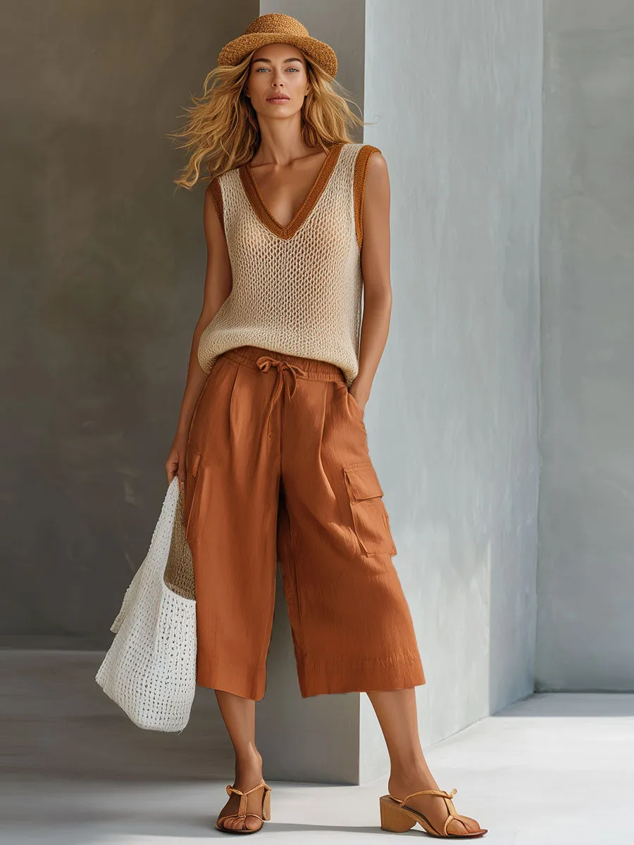 Casual Retro Mesh Knit Vest Caramel Cotton Linen Workwear Shorts Set sold by Oyrosy product image thumbnail 2