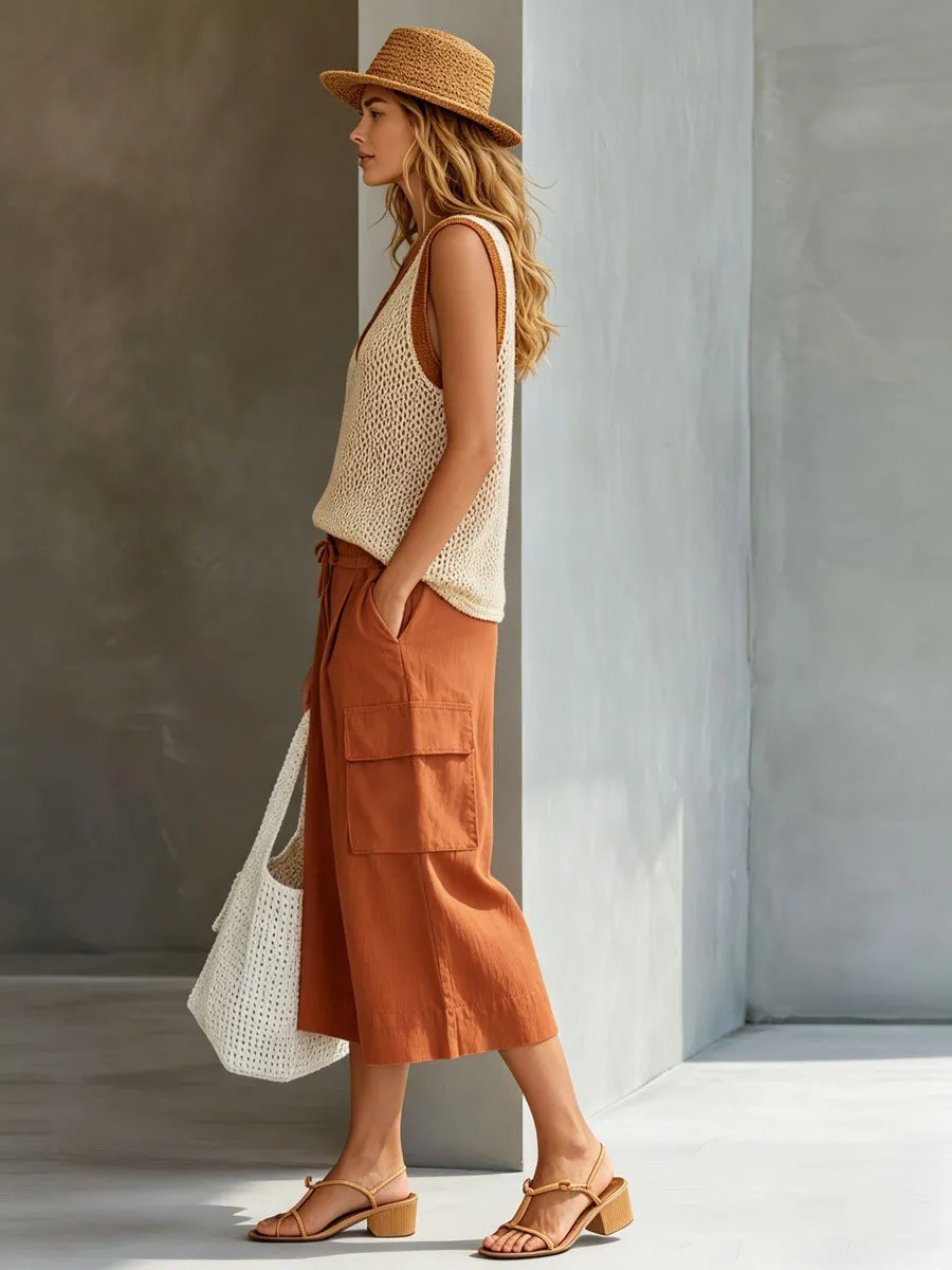 Casual Retro Mesh Knit Vest Caramel Cotton Linen Workwear Shorts Set sold by Oyrosy product image thumbnail 3