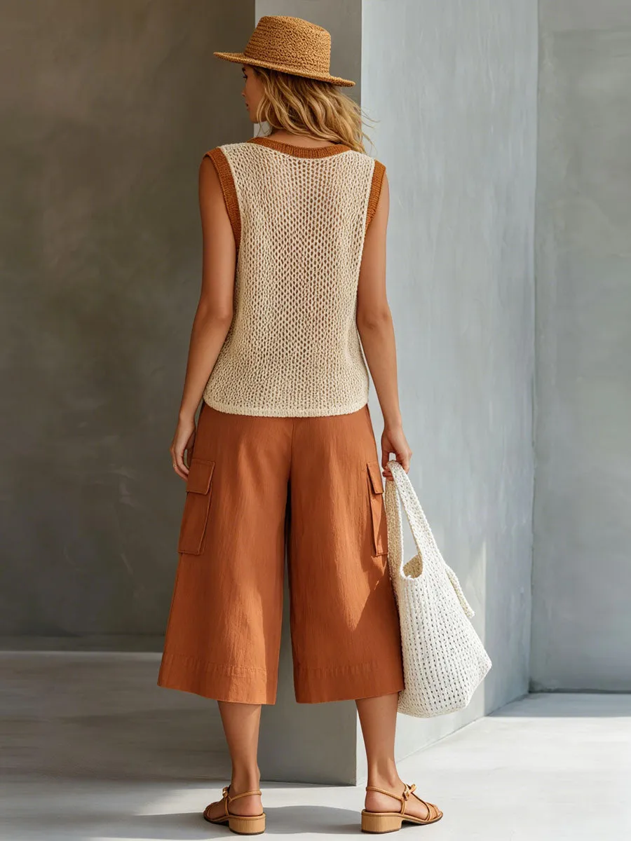 Casual Retro Mesh Knit Vest Caramel Cotton Linen Workwear Shorts Set sold by Oyrosy product image thumbnail 4