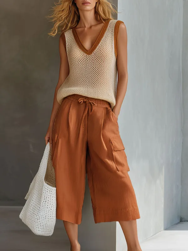 Casual Retro Mesh Knit Vest Caramel Cotton Linen Workwear Shorts Set made by Oyrosy