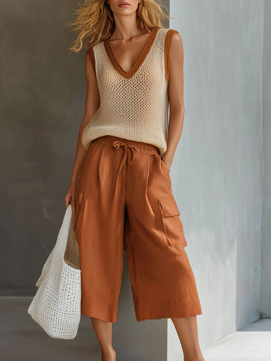 Casual Retro Mesh Knit Vest Caramel Cotton Linen Workwear Shorts Set sold by Oyrosy
