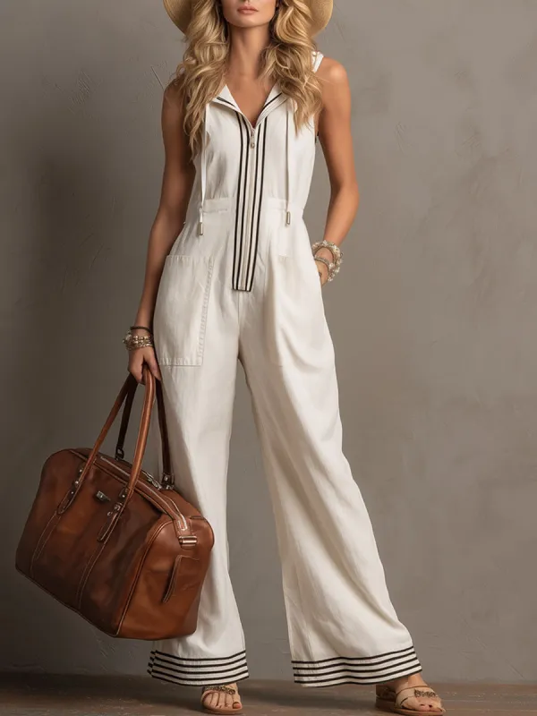 Casual Retro White Cotton Linen Sleeveless Hooded Wide-Leg Striped Jumpsuit made by Oyrosy