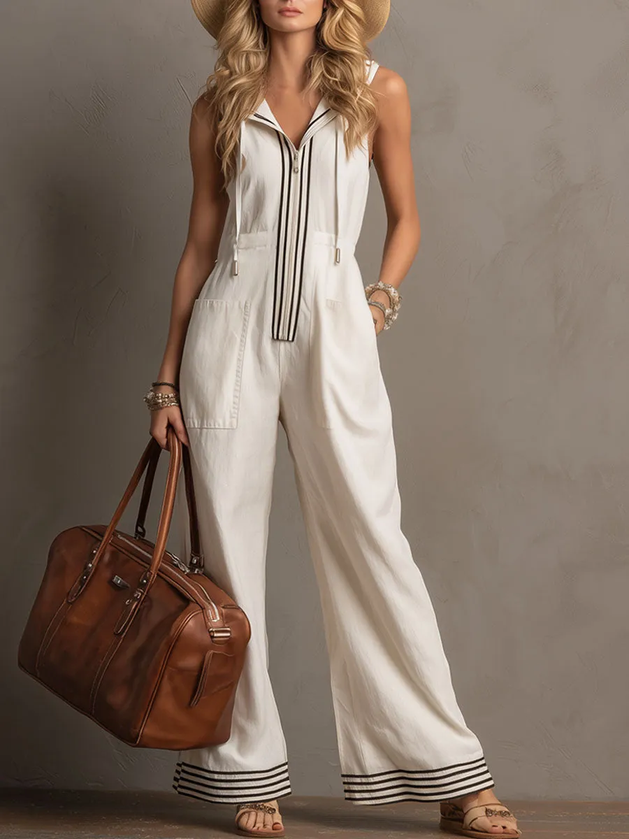 Casual Retro White Cotton Linen Sleeveless Hooded Wide-Leg Striped Jumpsuit sold by Oyrosy