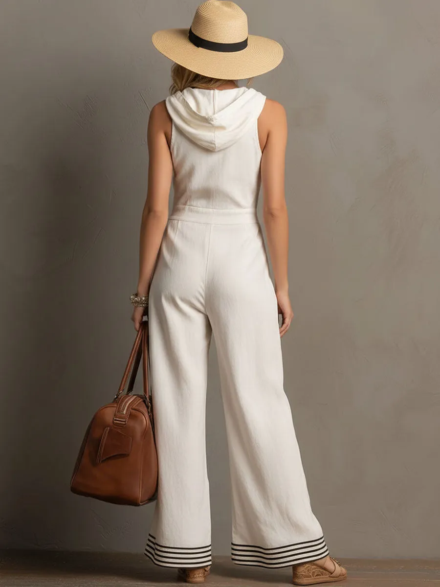 Casual Retro White Cotton Linen Sleeveless Hooded Wide-Leg Striped Jumpsuit sold by Oyrosy product image thumbnail 4