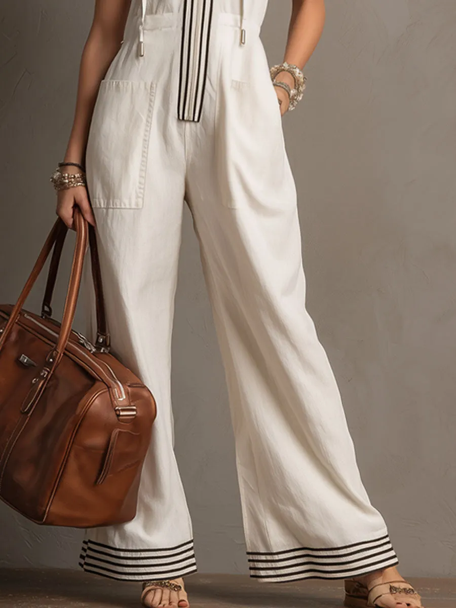 Casual Retro White Cotton Linen Sleeveless Hooded Wide-Leg Striped Jumpsuit sold by Oyrosy product image thumbnail 5