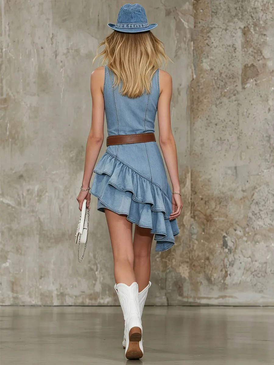 Retro Round Neck V-neck Irregular Ruffled Denim Sleeveless Mini Dress sold by Oyrosy product image thumbnail 3