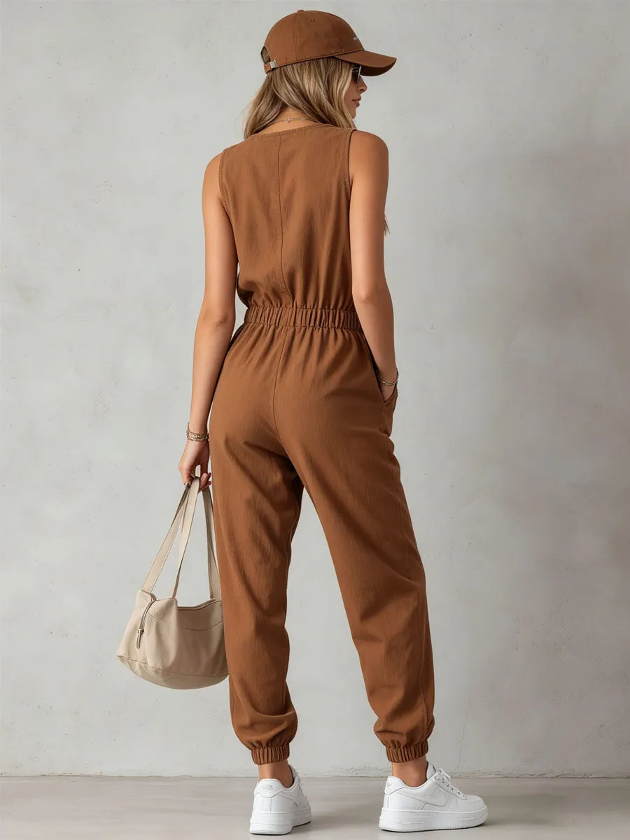 V-neck Single-breasted Sleeveless Cotton-linen Jumpsuit sold by Oyrosy product image thumbnail 3