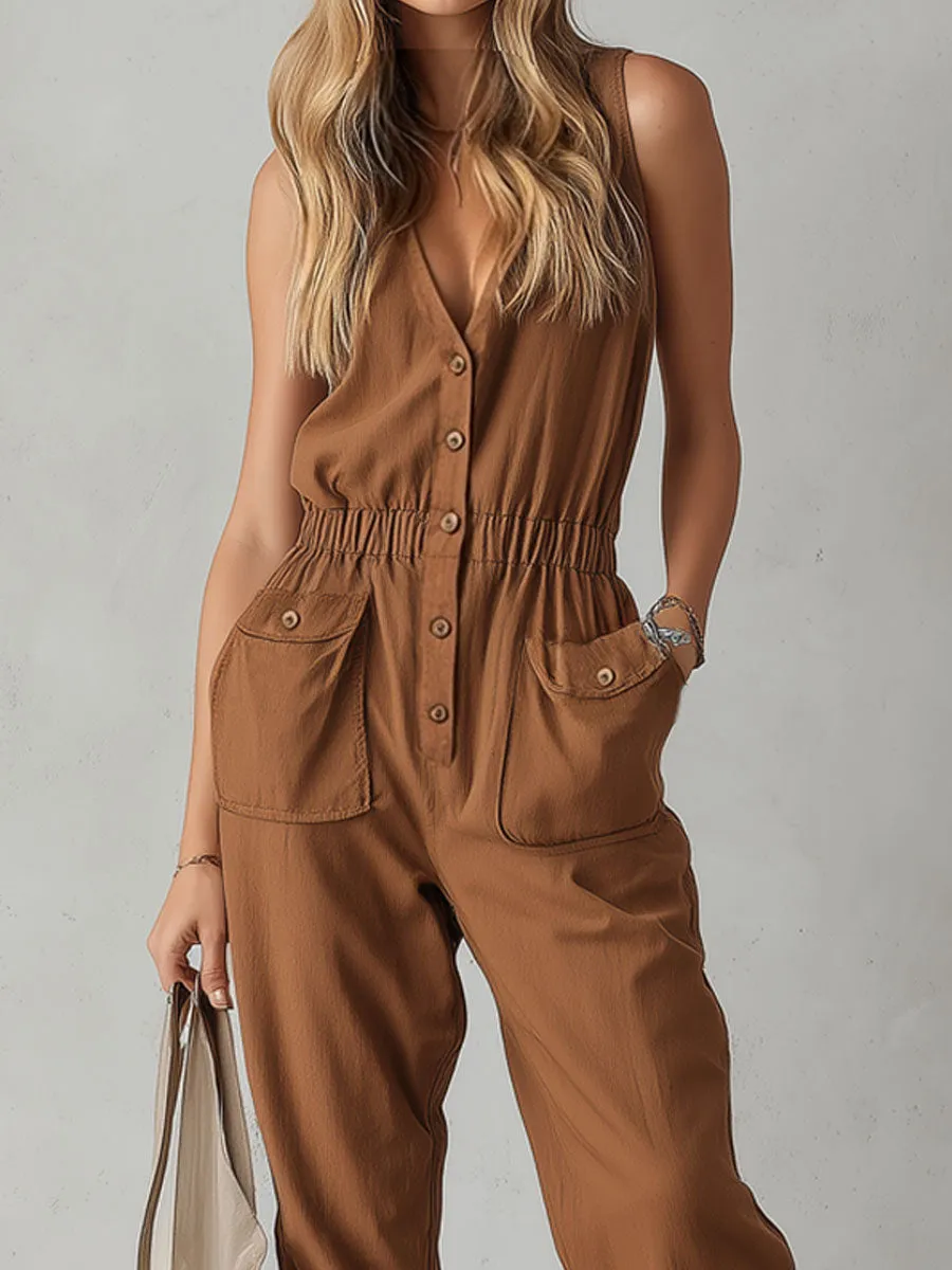 V-neck Single-breasted Sleeveless Cotton-linen Jumpsuit sold by Oyrosy product image thumbnail 4
