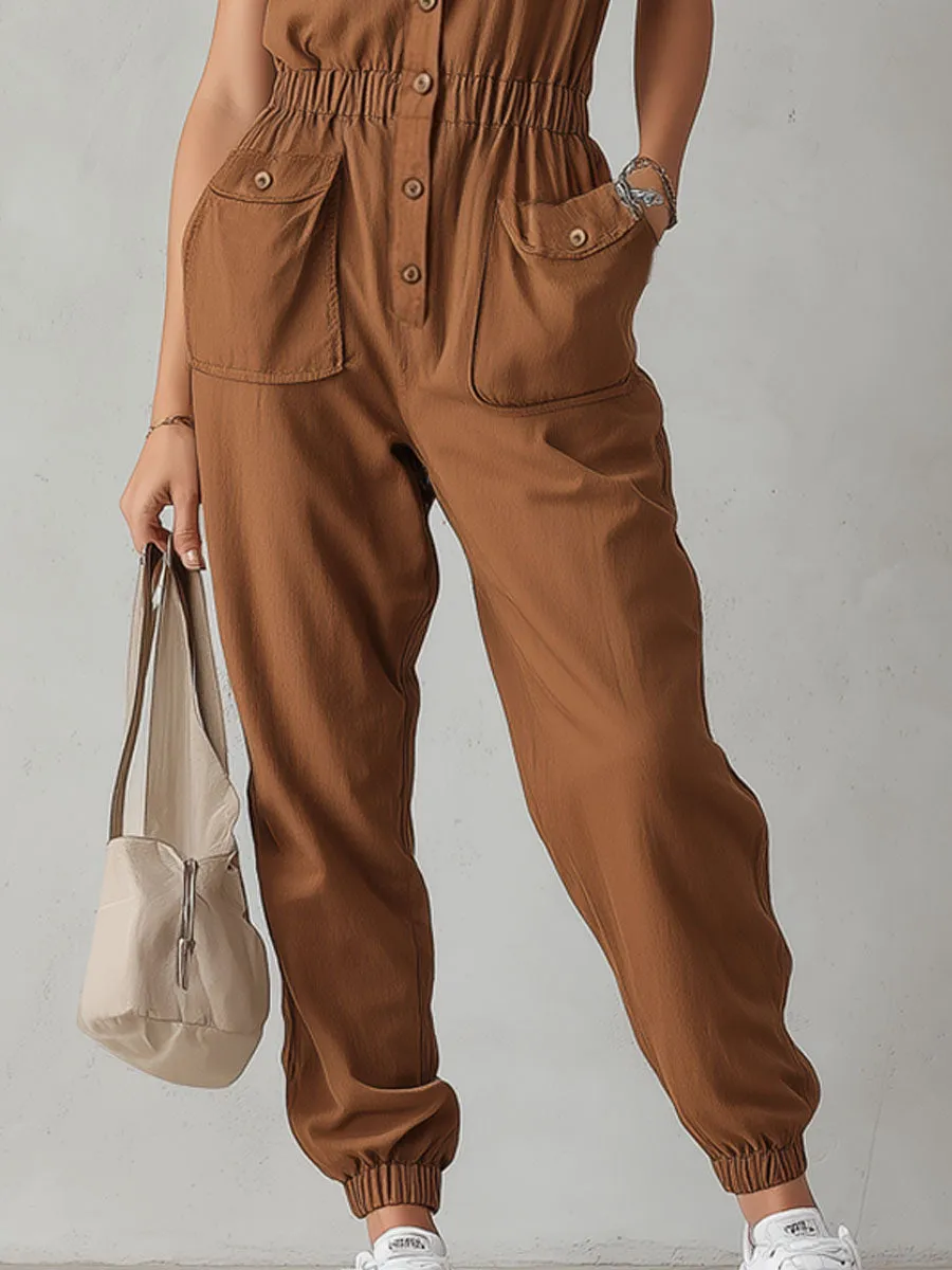 V-neck Single-breasted Sleeveless Cotton-linen Jumpsuit sold by Oyrosy product image thumbnail 5
