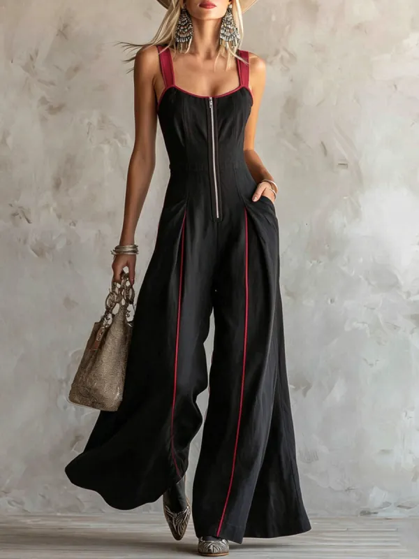 Wide-strap Color-blocked Zipper Sleeveless Cotton-linen Jumpsuit made by Oyrosy