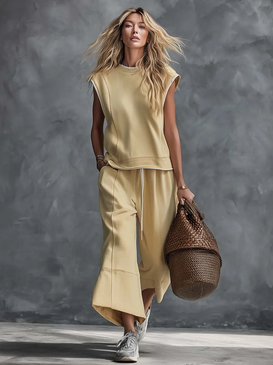 Retro-Casual Sports Light Yellow Cotton Crew-Neck Top And Cropped Pants Set sold by Oyrosy product image thumbnail 2