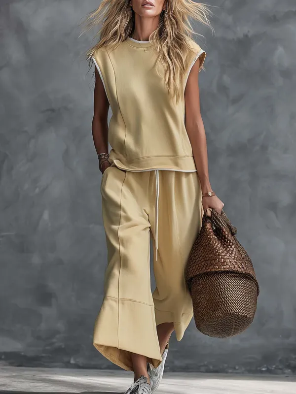 Retro-Casual Sports Light Yellow Cotton Crew-Neck Top And Cropped Pants Set made by Oyrosy