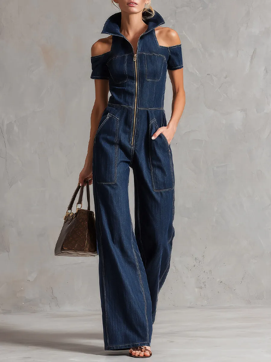 Modern Urban Style Blue Denim Off-Shoulder Short-Sleeve Jumpsuit sold by Oyrosy