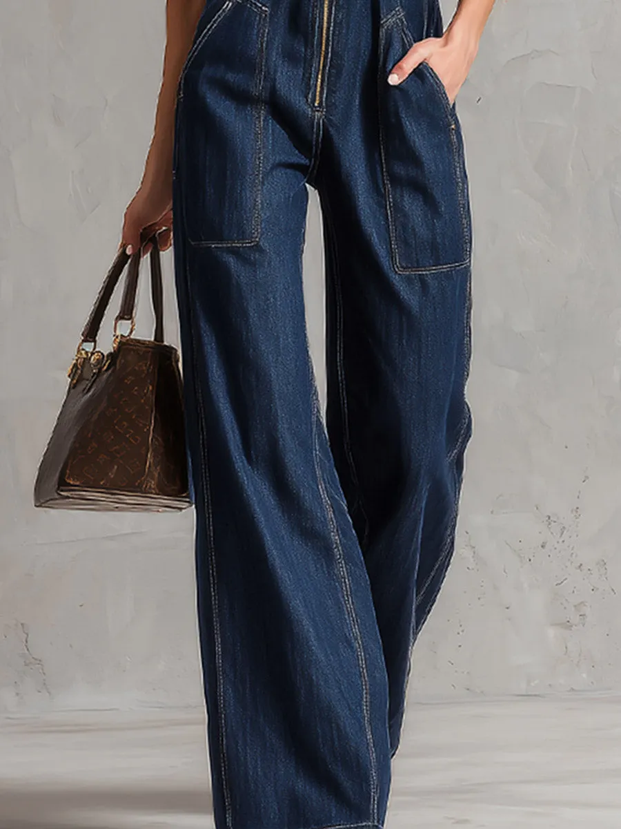 Modern Urban Style Blue Denim Off-Shoulder Short-Sleeve Jumpsuit sold by Oyrosy product image thumbnail 4