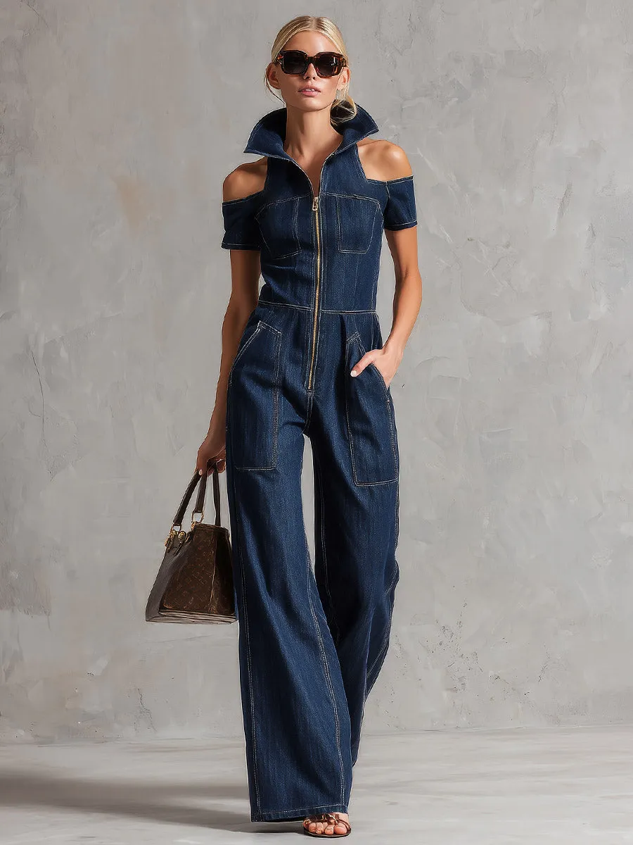 Modern Urban Style Blue Denim Off-Shoulder Short-Sleeve Jumpsuit sold by Oyrosy product image thumbnail 2