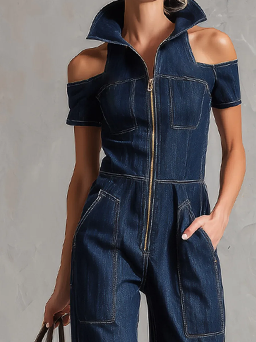 Modern Urban Style Blue Denim Off-Shoulder Short-Sleeve Jumpsuit sold by Oyrosy product image thumbnail 3